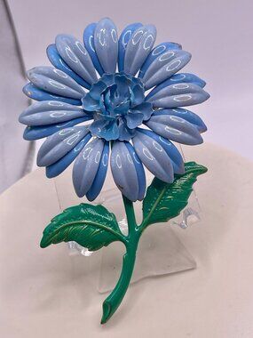 Vintage 1960s Enamel Flower Power Brooch Retro Sky Blue & Grass Green Pin 7" Bol